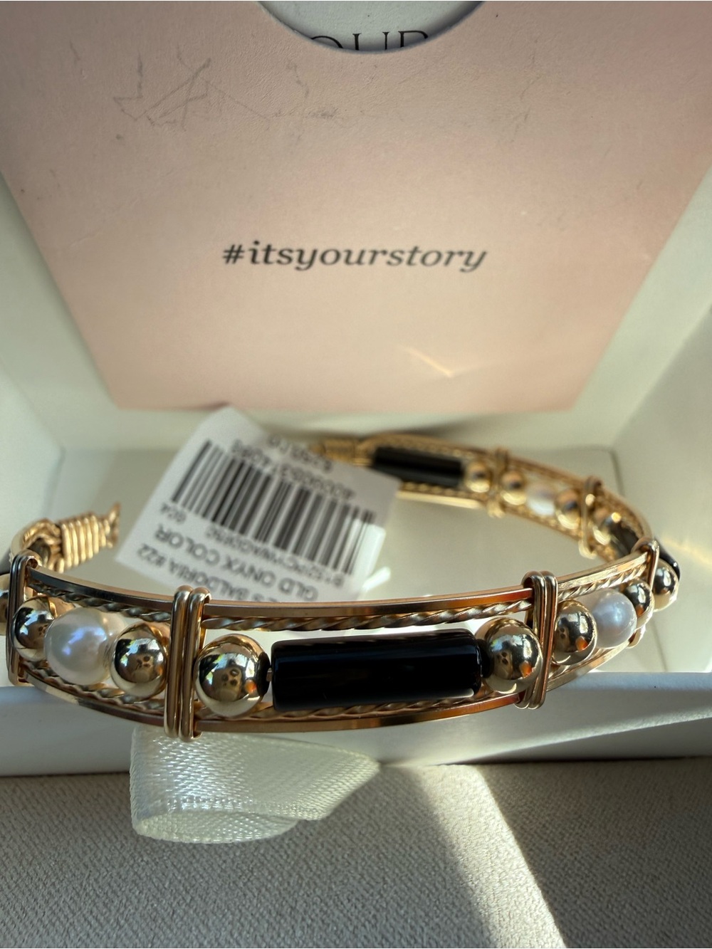 RONALDO- Gold Bracelet with Black Onyx Bars and Pearl Accents - Picture 2 of 4